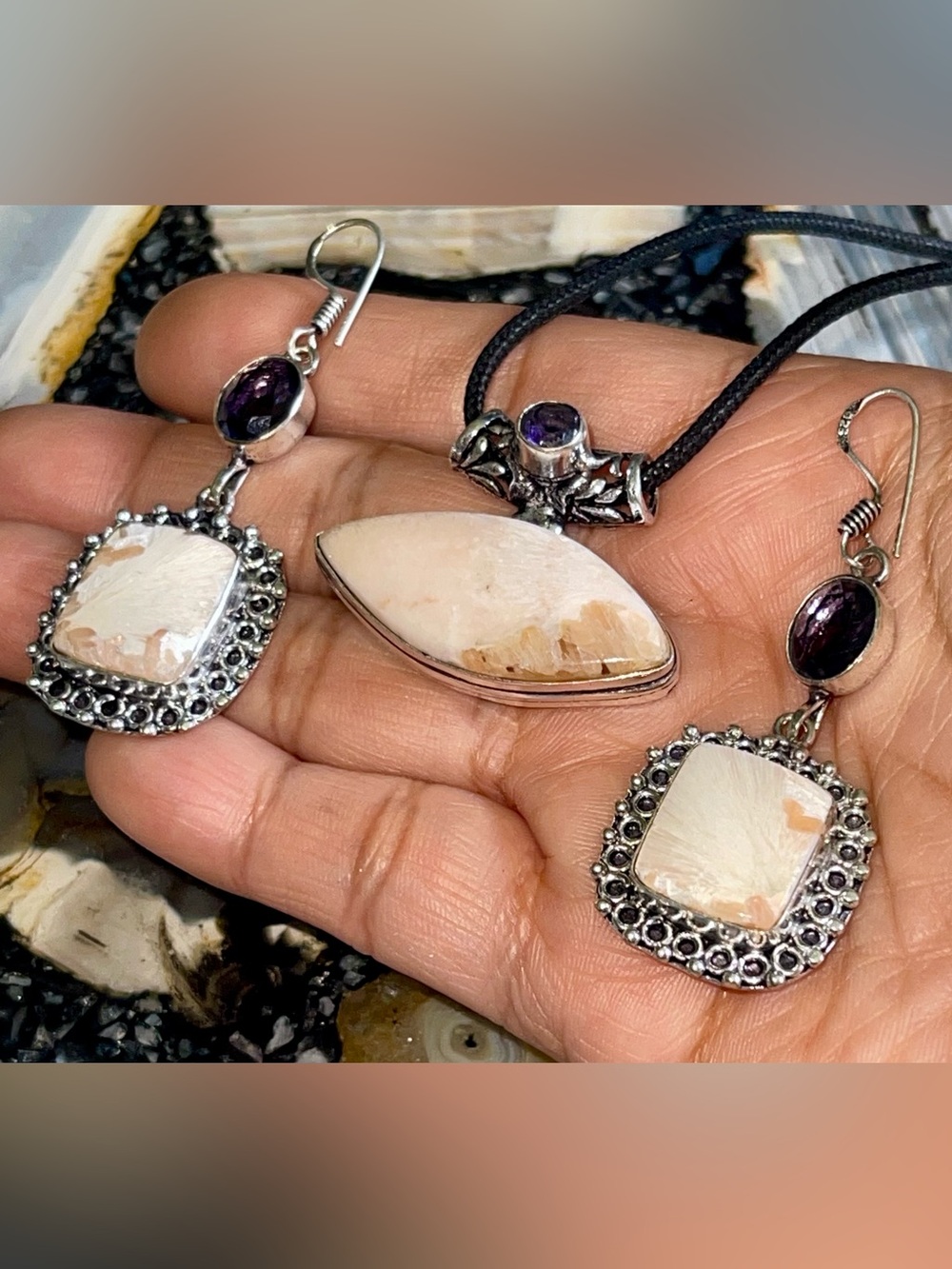 Scolecite & Purple Glass Beads Pendant & Earrings Set